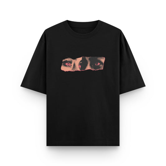 Oversized black streetwear t-shirt with red graphic print and "All Eyez On Me" design by BLAACK