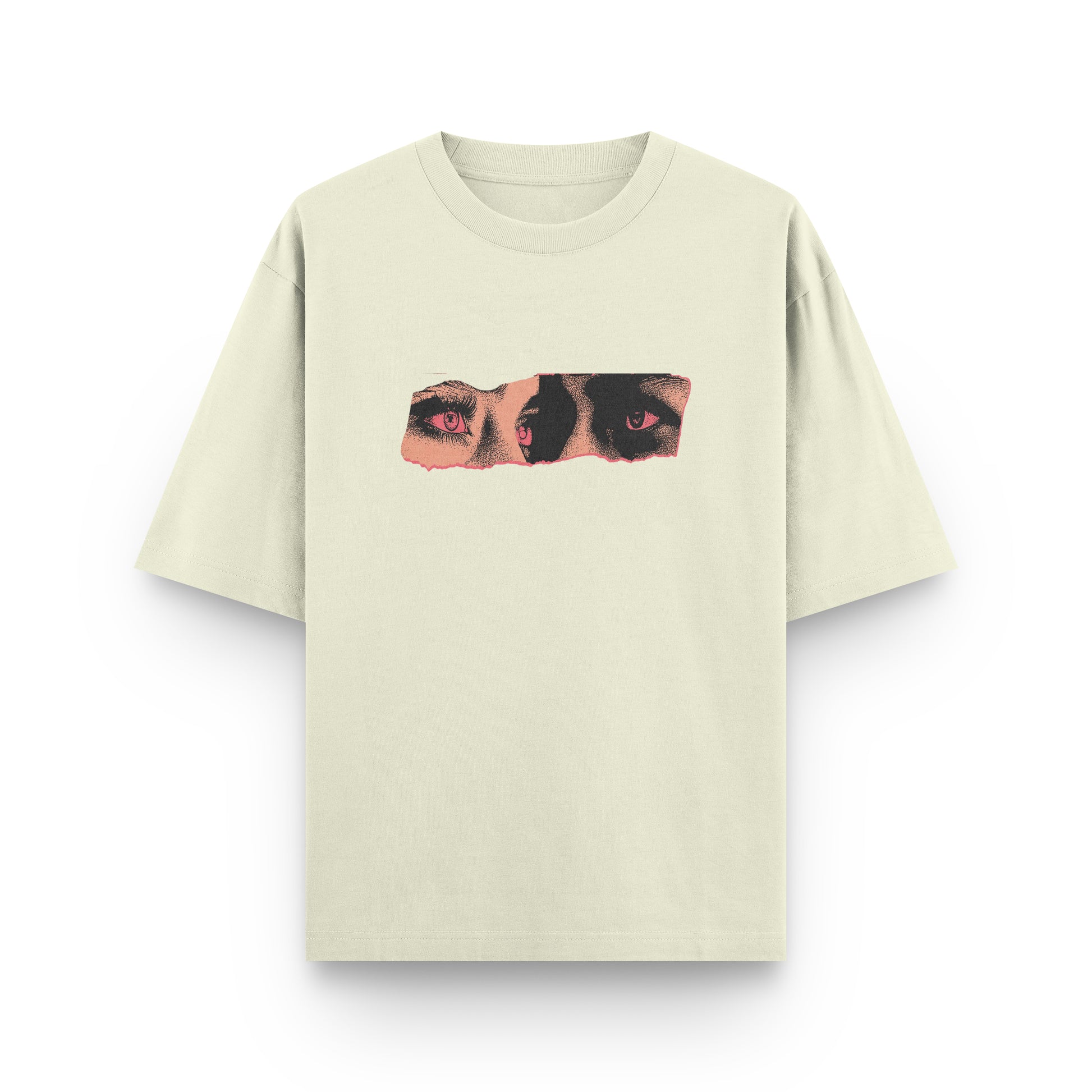 Oversized beige streetwear t-shirt with red graphic print and "All Eyez On Me" design by BLAACK