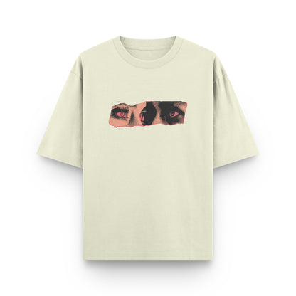 Oversized beige streetwear t-shirt with red graphic print and "All Eyez On Me" design by BLAACK