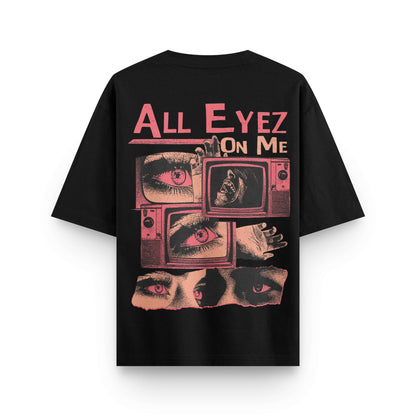 Oversized black streetwear t-shirt with red graphic print and "All Eyez On Me" design by BLAACK