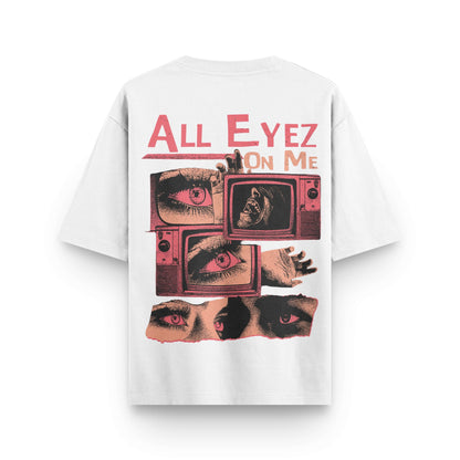 Oversized white streetwear t-shirt with red graphic print and "All Eyez On Me" design by BLAACK
