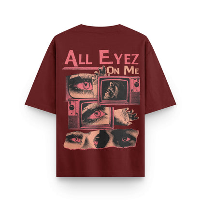 Oversized wine streetwear t-shirt with red graphic print and "All Eyez On Me" design by BLAACK