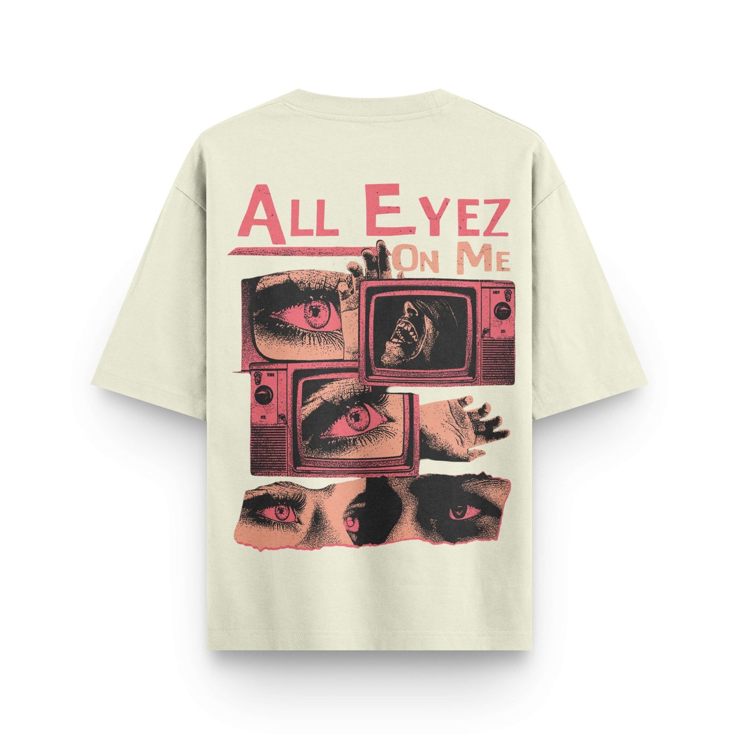 Oversized beige streetwear t-shirt with red graphic print and "All Eyez On Me" design by BLAACK