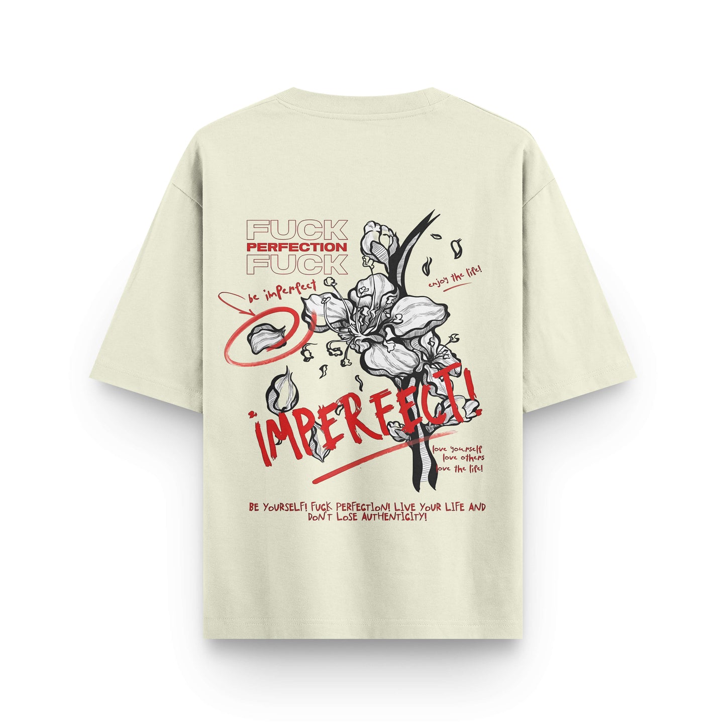 Oversized beige streetwear t-shirt with artistic flower design by BLAACK