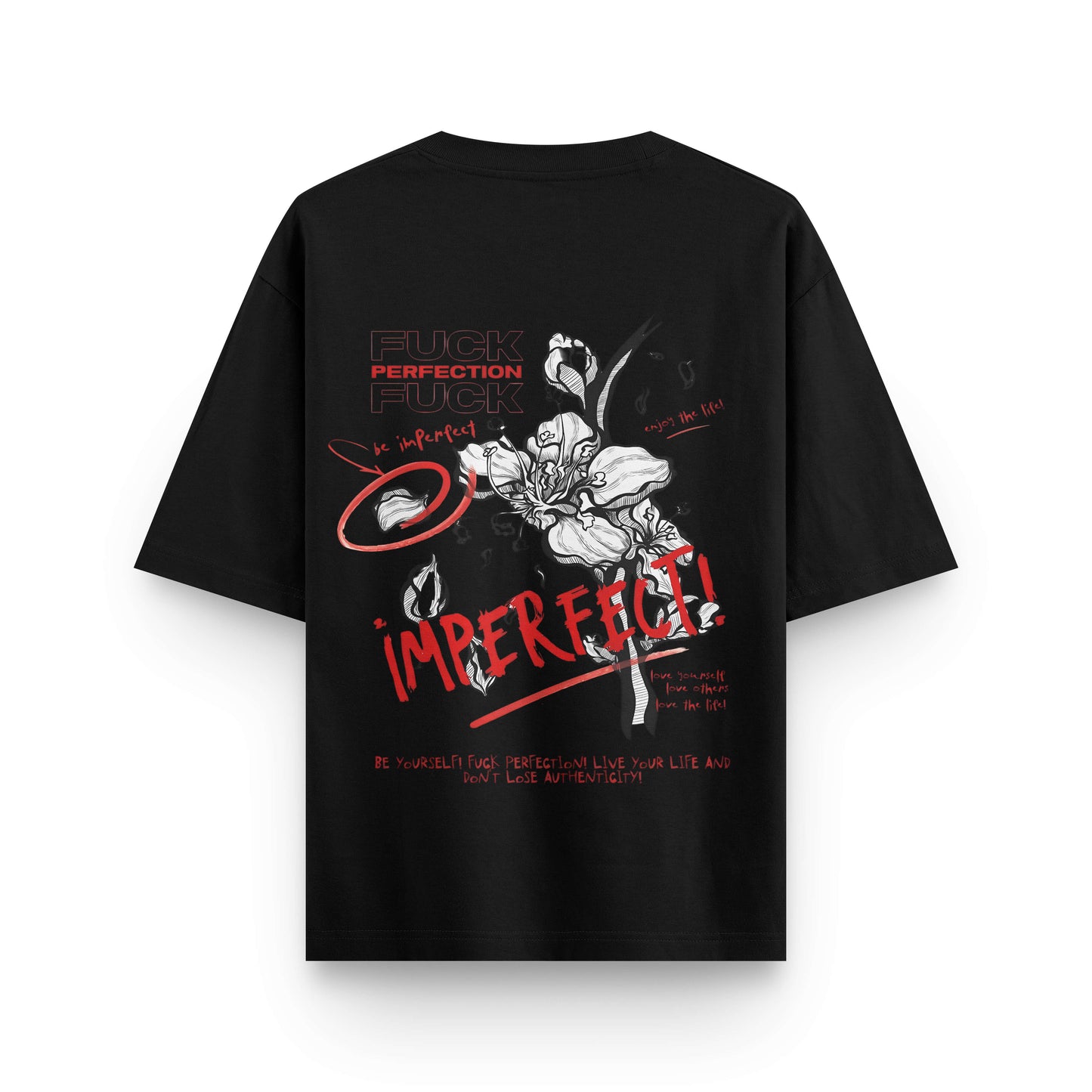 Oversized black streetwear t-shirt with artistic flower design by BLAACK