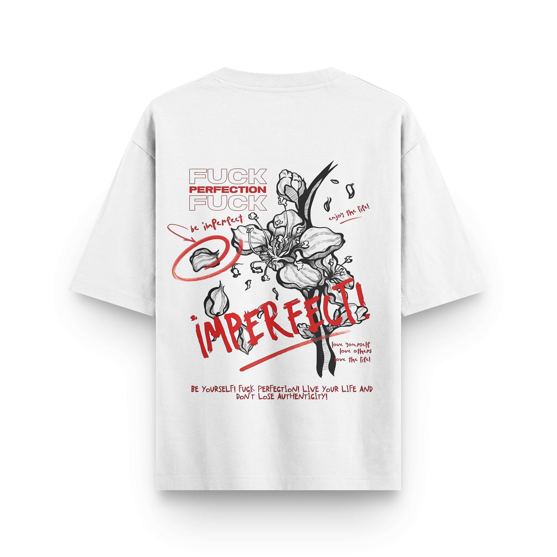 Oversized white streetwear t-shirt with artistic flower design by BLAACK