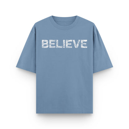 Oversized urban melange streetwear t-shirt with "BELIEVE" typography graphic on front by BLAACK