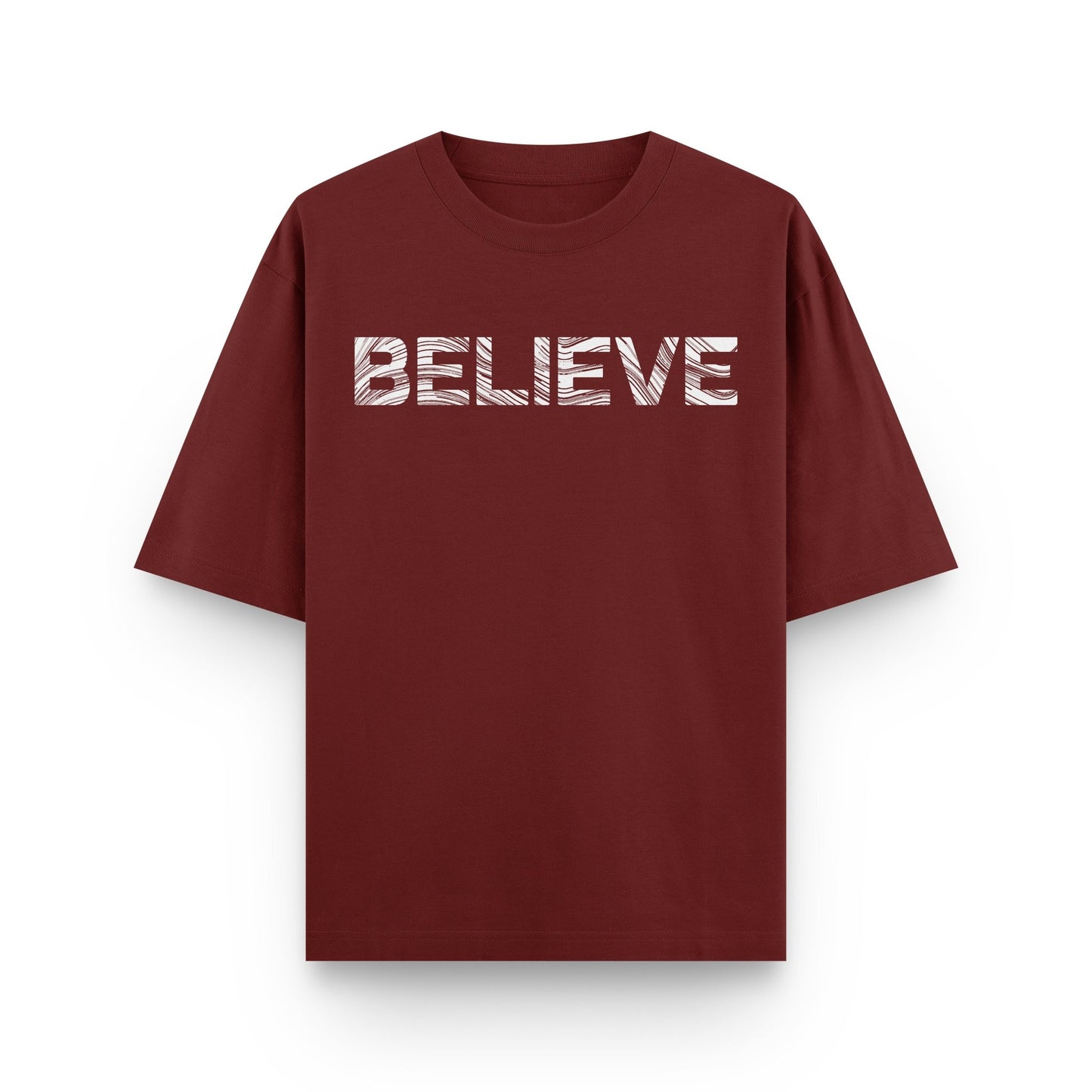 Oversized wine streetwear t-shirt with "BELIEVE" typography graphic on front by BLAACK