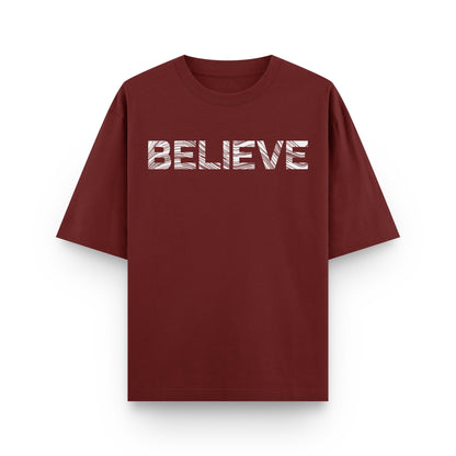 Oversized wine streetwear t-shirt with "BELIEVE" typography graphic on front by BLAACK