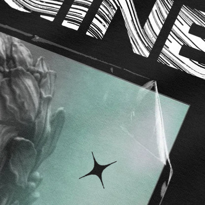 Close-up view of sculpture artwork on black oversized t-shirt by BLAACK