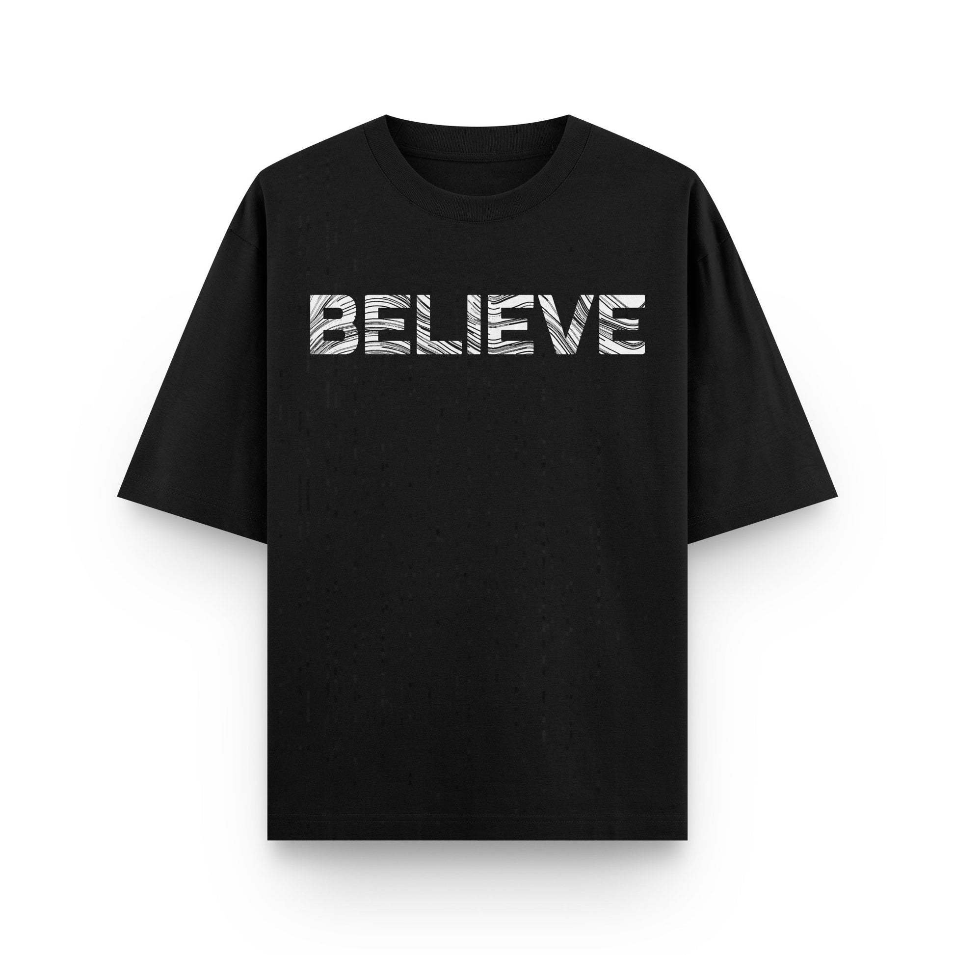 Oversized black streetwear t-shirt with "BELIEVE" typography graphic on front by BLAACK
