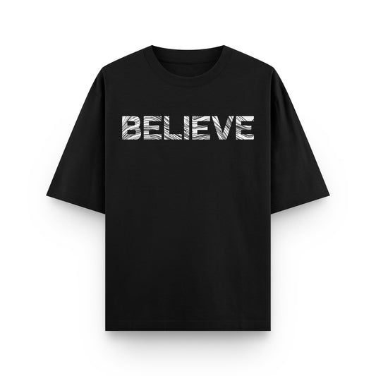 Oversized black streetwear t-shirt with "BELIEVE" typography graphic on front by BLAACK
