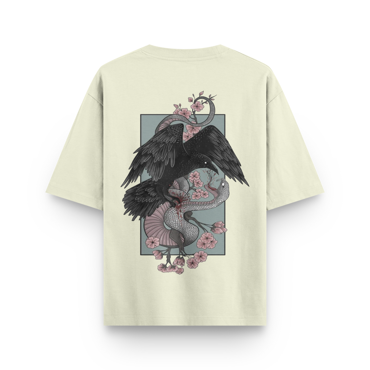 Crow vs Snake oversized streetwear T-shirt in beige large crow and snake graphic back print by BLAACK