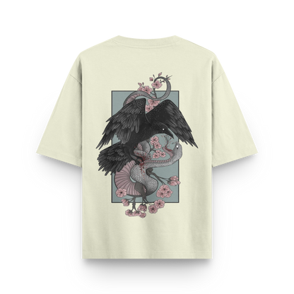 Crow vs Snake oversized streetwear T-shirt in beige large crow and snake graphic back print by BLAACK