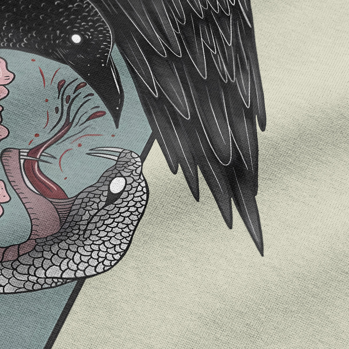 Close-up of Crow vs Snake T-shirt print featuring Japanese-inspired graphic on beige oversized T-shirt by BLAACK