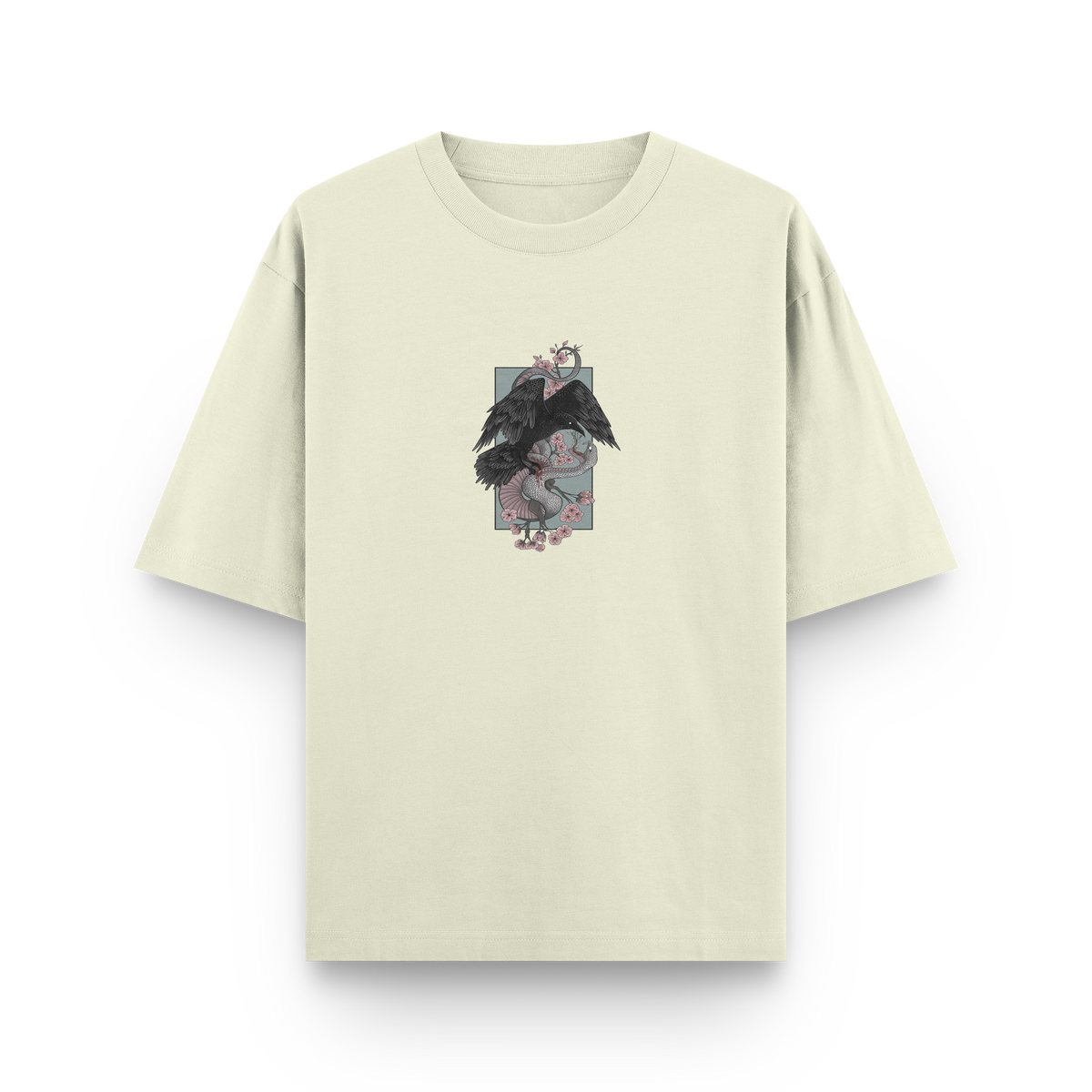 Crow vs Snake oversized streetwear T-shirt in beige with Japanese-inspired graphic front print by BLAACK
