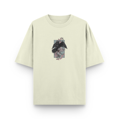 Crow vs Snake oversized streetwear T-shirt in beige with Japanese-inspired graphic front print by BLAACK