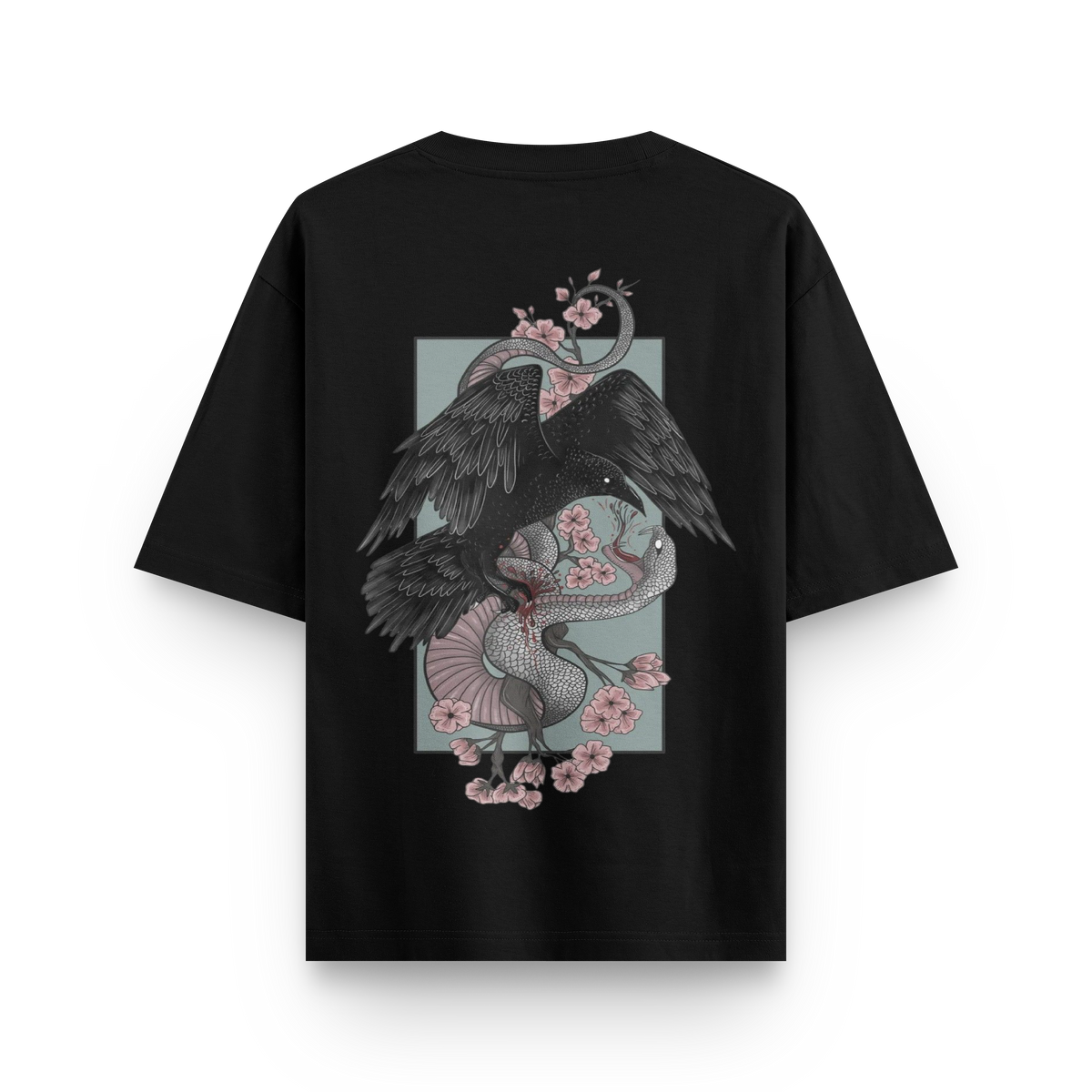 Crow vs Snake oversized streetwear T-shirt in black with large crow and snake graphic back print by BLAACK