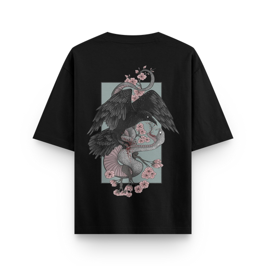 Crow vs Snake oversized streetwear T-shirt in black with large crow and snake graphic back print by BLAACK