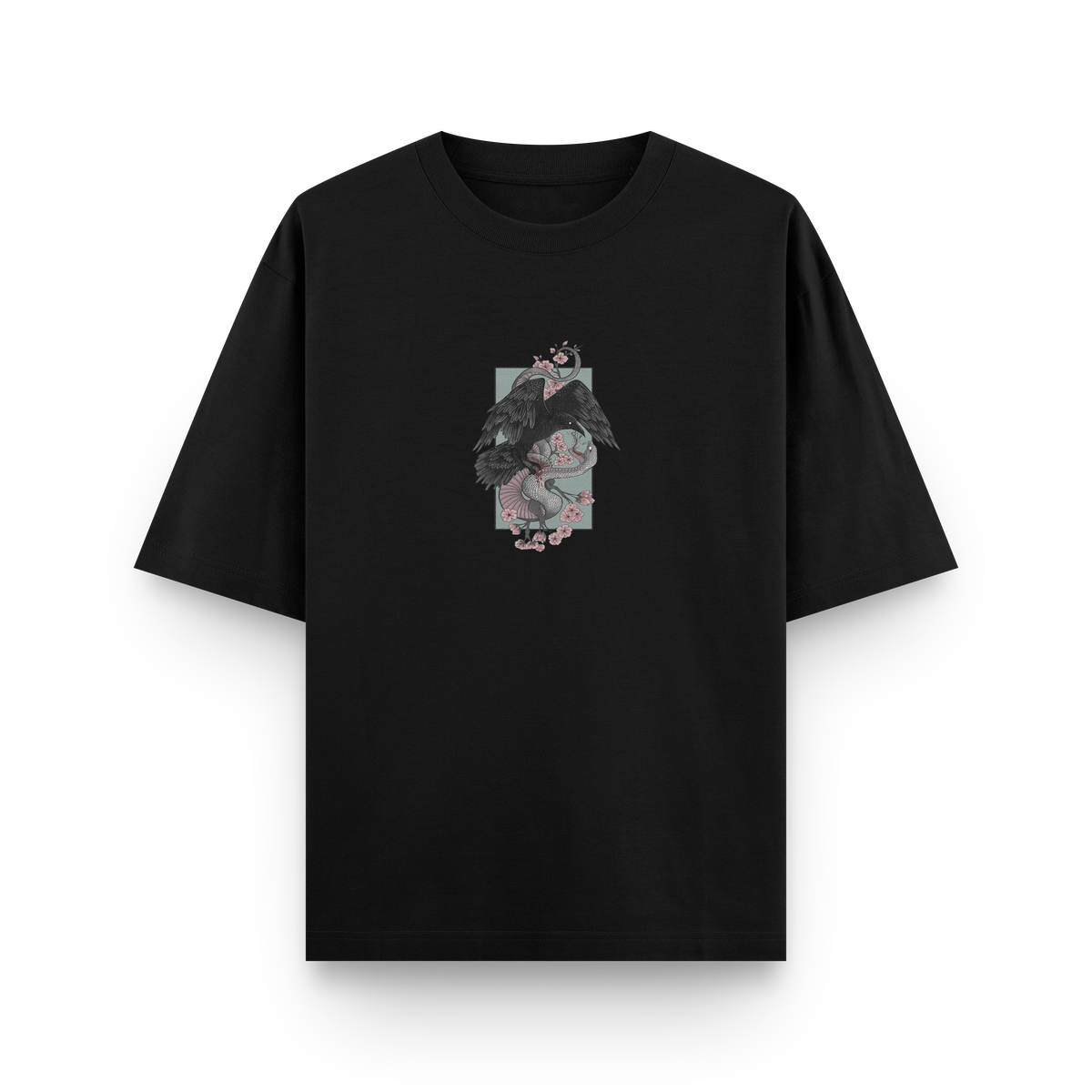 Crow vs Snake oversized streetwear T-shirt in black with Japanese-inspired graphic front print by BLAACK