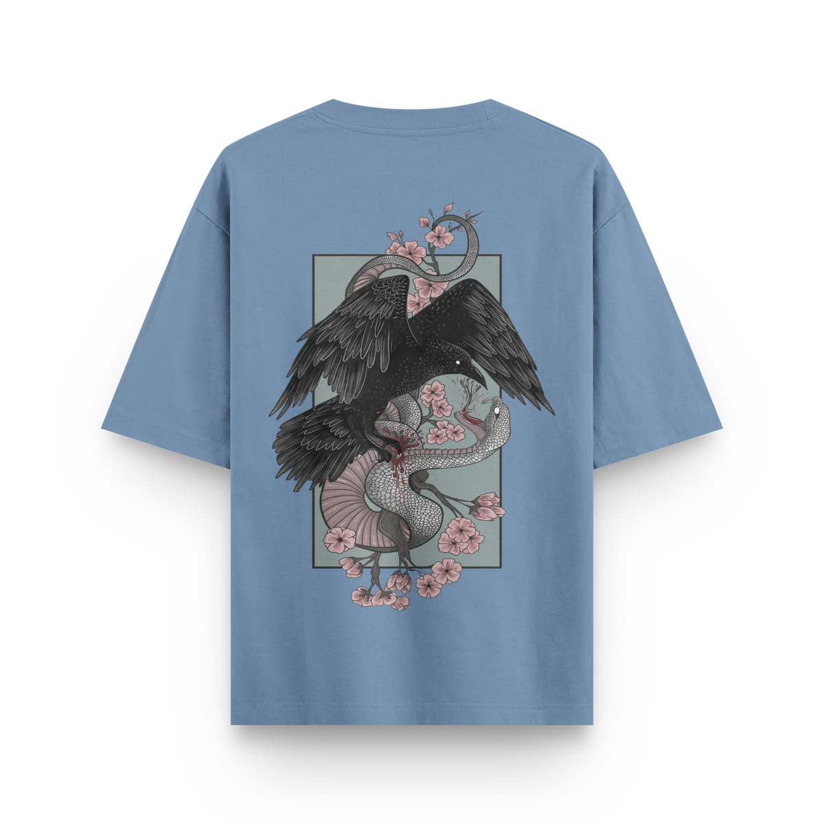 Crow vs Snake oversized streetwear T-shirt in light blue with large crow and snake graphic back print by BLAACK