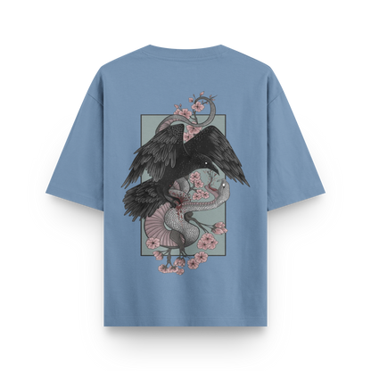 Crow vs Snake oversized streetwear T-shirt in light blue with large crow and snake graphic back print by BLAACK