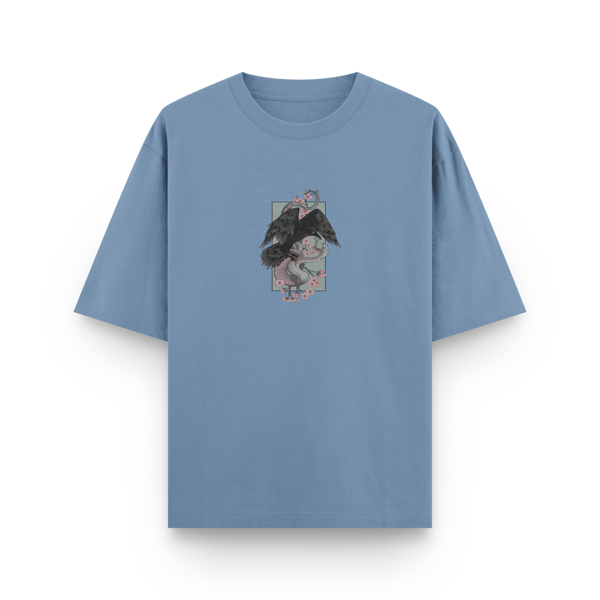 Crow vs Snake oversized streetwear T-shirt in light blue with Japanese-inspired graphic front print by BLAACK