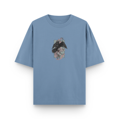 Crow vs Snake oversized streetwear T-shirt in light blue with Japanese-inspired graphic front print by BLAACK