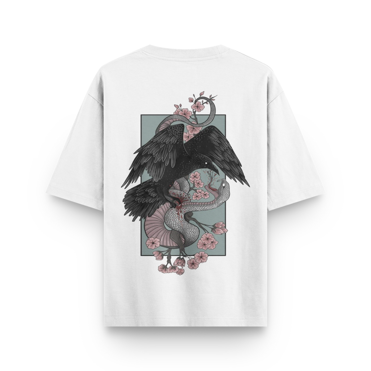 Crow vs Snake oversized streetwear T-shirt in white with large crow and snake graphic back print by BLAACK