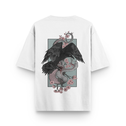 Crow vs Snake oversized streetwear T-shirt in white with large crow and snake graphic back print by BLAACK