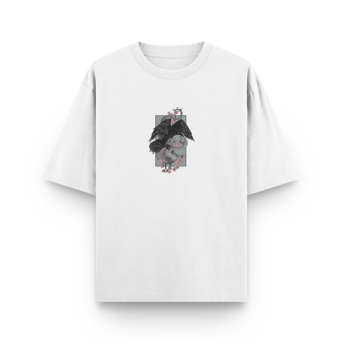 Crow vs Snake oversized streetwear T-shirt in white with Japanese-inspired graphic front print by BLAACK