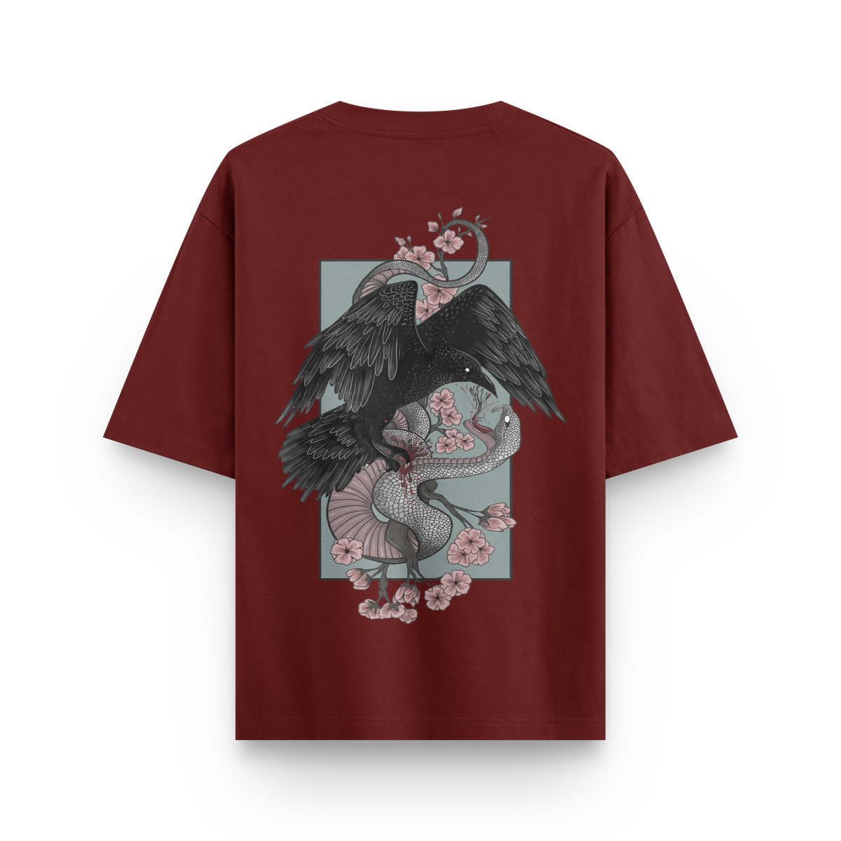 Crow vs Snake oversized streetwear T-shirt in wine with large crow and snake graphic back print by BLAACK