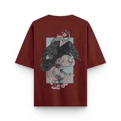 Crow vs Snake oversized streetwear T-shirt in wine with large crow and snake graphic back print by BLAACK
