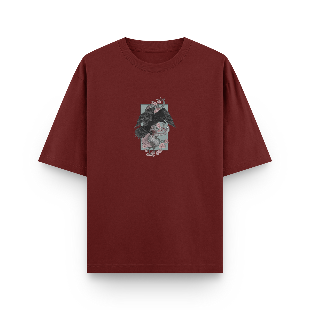 Crow vs Snake oversized streetwear T-shirt in wine with Japanese-inspired graphic front print by BLAACK