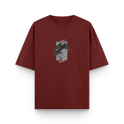 Crow vs Snake oversized streetwear T-shirt in wine with Japanese-inspired graphic front print by BLAACK