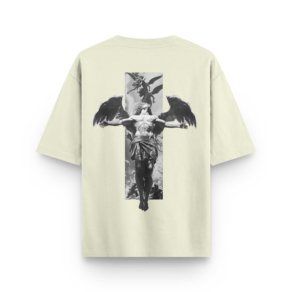 Fall of Faith Sculpture beige oversized streetwear T-shirt with winged figure sculpture and vertical artwork back print by BLAACK