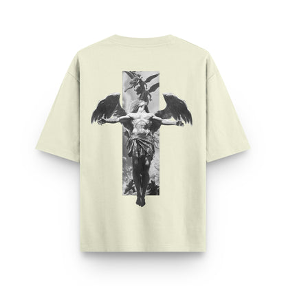 Fall of Faith Sculpture beige oversized streetwear T-shirt with winged figure sculpture and vertical artwork back print by BLAACK