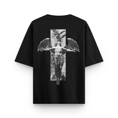 Fall of Faith Sculpture black oversized streetwear T-shirt with winged figure sculpture and vertical artwork back print by BLAACK