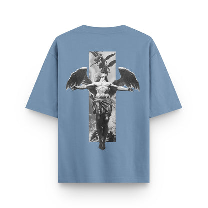 Fall of Faith Sculpture light blue oversized streetwear T-shirt with winged figure sculpture and vertical artwork back print by BLAACK