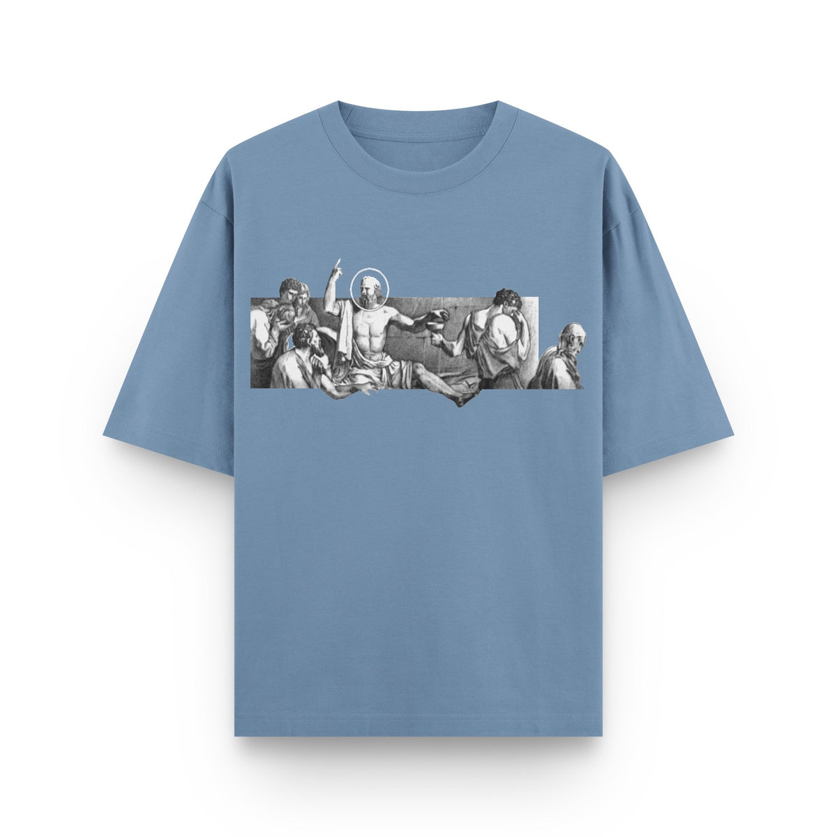 Fall of Faith Sculpture light blue oversized streetwear T-shirt with classical sculpture artwork front print by BLAACK