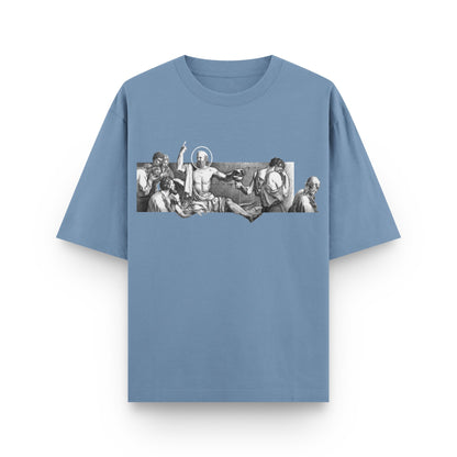 Fall of Faith Sculpture light blue oversized streetwear T-shirt with classical sculpture artwork front print by BLAACK