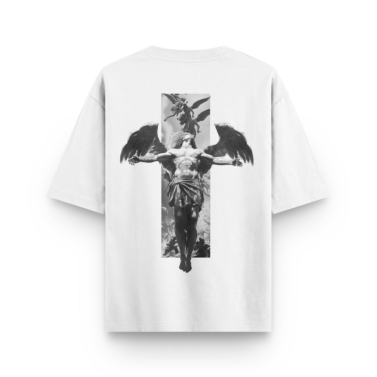 Fall of Faith Sculpture white oversized streetwear T-shirt with winged figure sculpture and vertical artwork back print by BLAACK