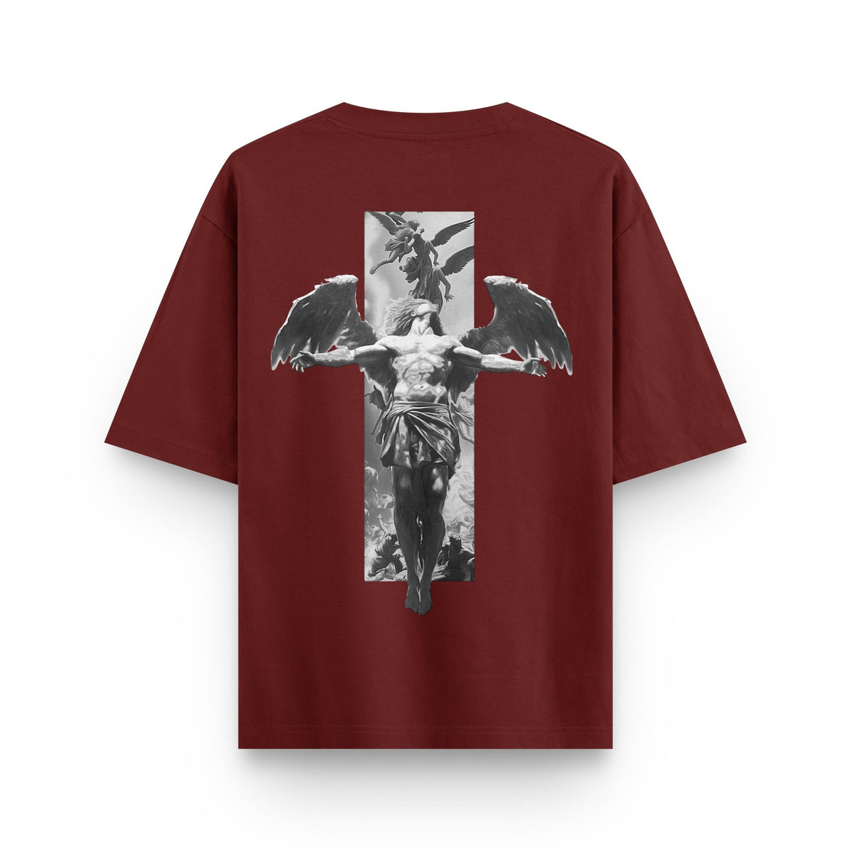 Fall of Faith Sculpture wine oversized streetwear T-shirt with winged figure sculpture and vertical artwork back print by BLAACK