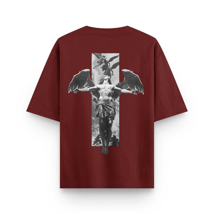Fall of Faith Sculpture wine oversized streetwear T-shirt with winged figure sculpture and vertical artwork back print by BLAACK