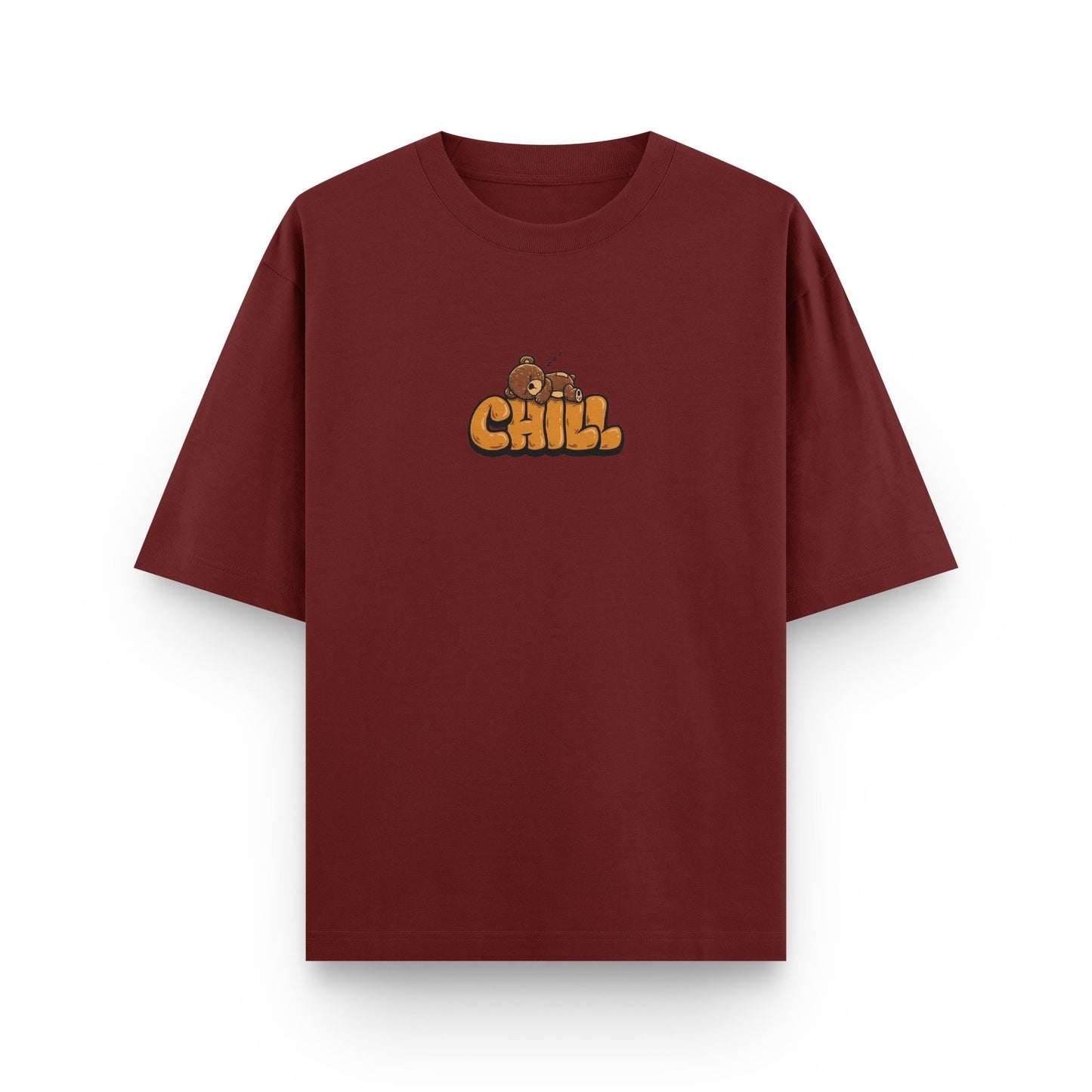 Oversized wine streetwear t-shirt with "Chill" graphic print on front by BLAACK