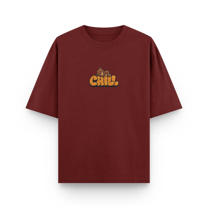 Oversized wine streetwear t-shirt with "Chill" graphic print on front by BLAACK