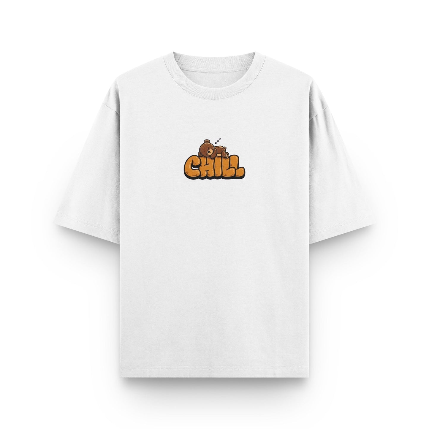 Oversized white streetwear t-shirt with "Chill" graphic print on front by BLAACK