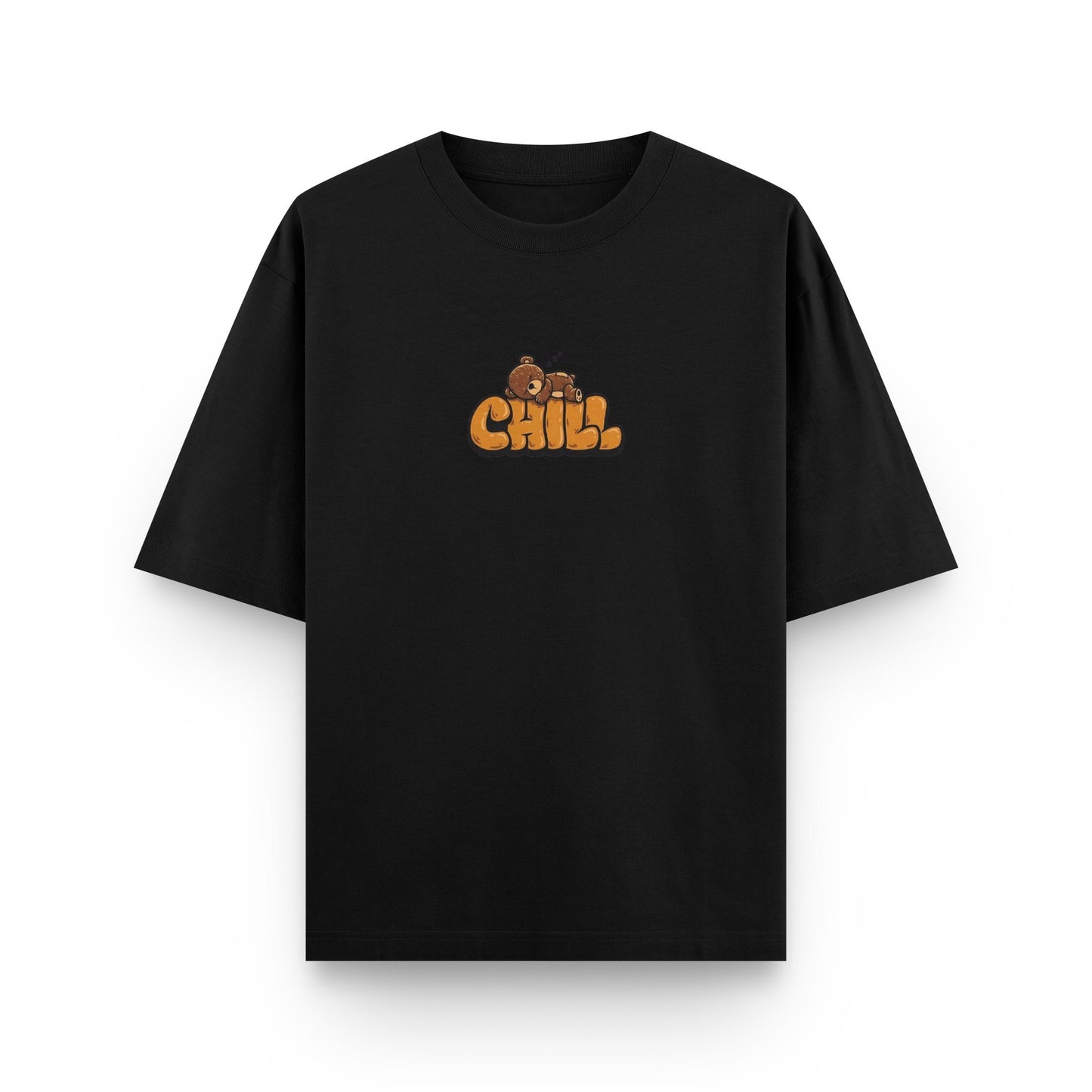 Oversized black streetwear t-shirt with "Chill" graphic print on front by BLAACK