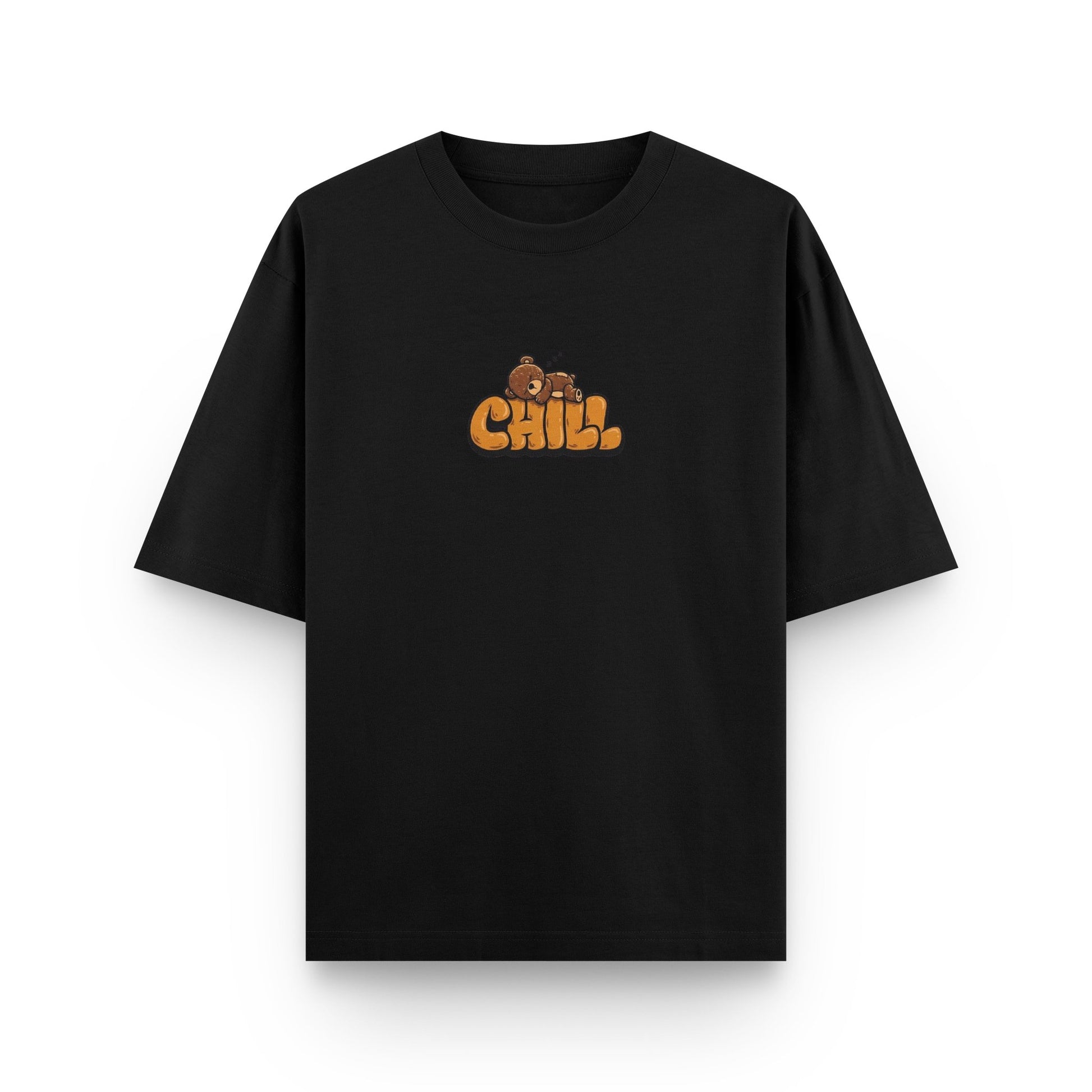 Oversized black streetwear t-shirt with "Chill" graphic print on front by BLAACK
