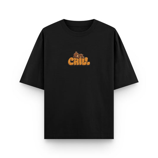 Oversized black streetwear t-shirt with "Chill" graphic print on front by BLAACK